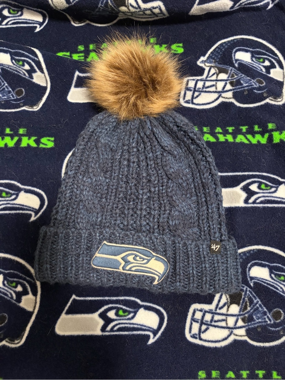 47 Seattle Seahawks Knit Pom Beanie - Navy with Brown Pom